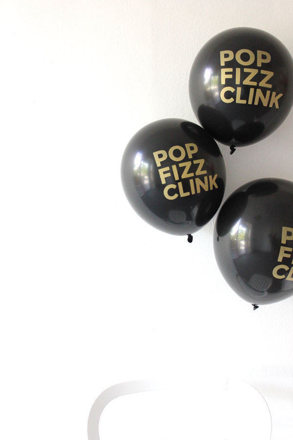 
                
                    Load image into Gallery viewer, Pop Fizz Clink Black &amp;amp; Gold Balloons (set of 3)
                
            