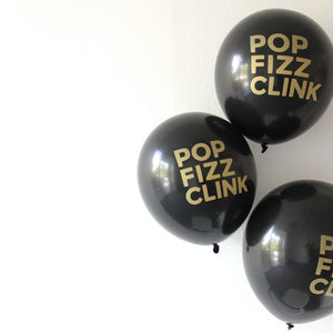 
                
                    Load image into Gallery viewer, Pop Fizz Clink Black &amp;amp; Gold Balloons (set of 3)
                
            