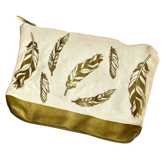 
                
                    Load image into Gallery viewer, Gold Feather Zip Canvas Pouch
                
            